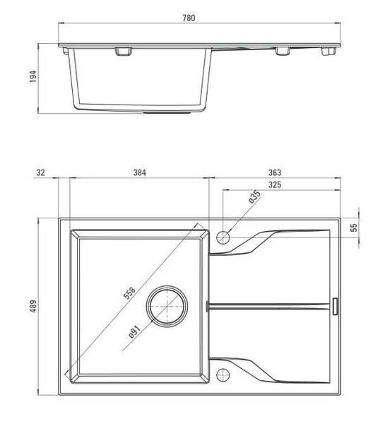 Мойка гранитная ANDANTE, 780x490x190mm, 1 чаша с крылом для сушки, графит, метал, DEANTE BR-0726-NN-10558 фото