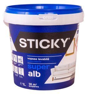 Краска, моющаяся, для внутренних работ, белая, 1 л, STICKY BR-0726-NN-7169 фото