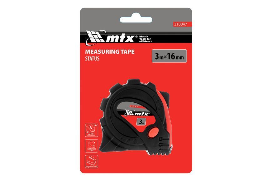 Рулетка 3м х 16мм Status Magnet 3 fixations, обрезиненный корпус, зацеп магнит - TM MTX. BR-0726-LR-2026 фото