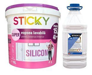 Краска, моющаяся, для наружных/внутренних работ, белая, 15 л, + грунтовка 4 л, STICKY SILICON BR-0726-NN-7138 фото